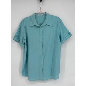 Pausus Women Teal Blue‎ Short Sleeve Collared Button Down Shirt Top Sz XL